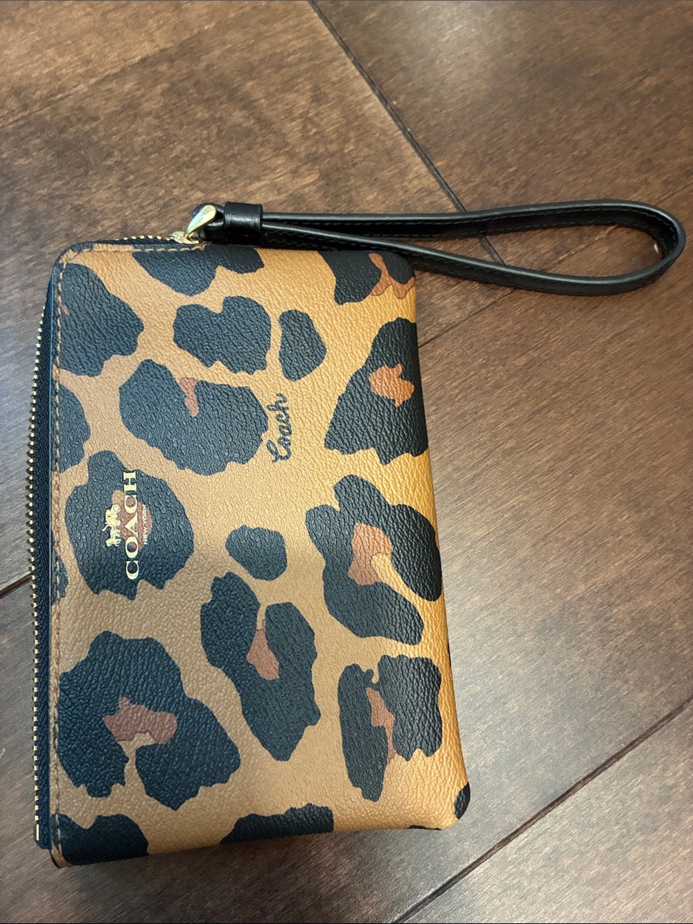 Coach Corner Zip Wristlet in Brown and Black Leopard